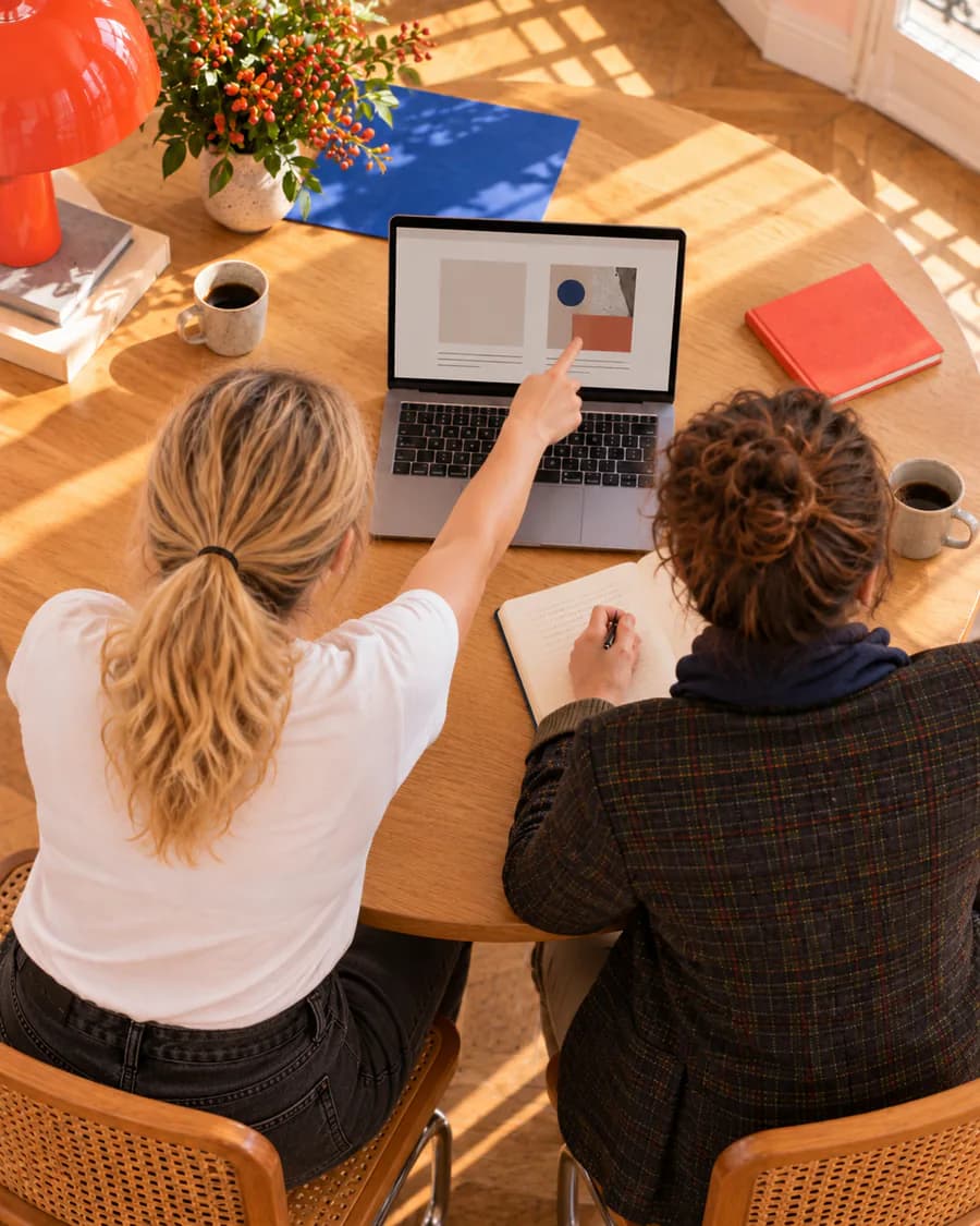 Sophie et Lola, de SO DIGITAL, autour d’un ordinateur, vues de dessus