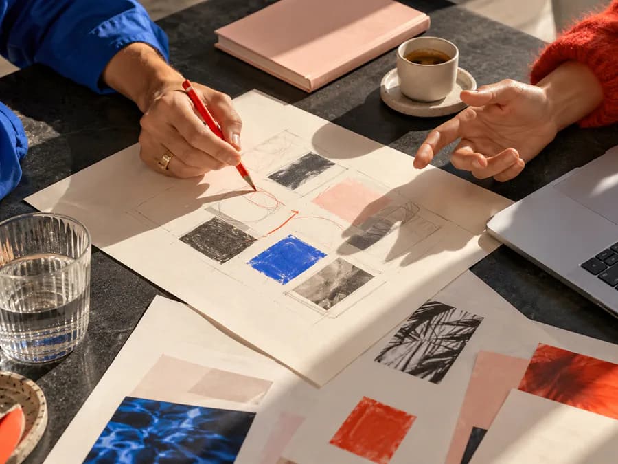 Échange autour d’un brief, maquettes et échantillons sur la table